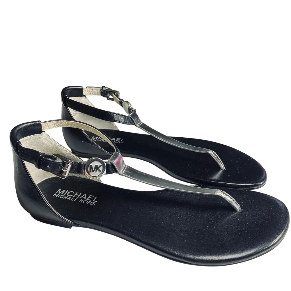 Michael Kors Black Genuine Butter Soft Leather Thong Plate Sandal Size 5.5‎
